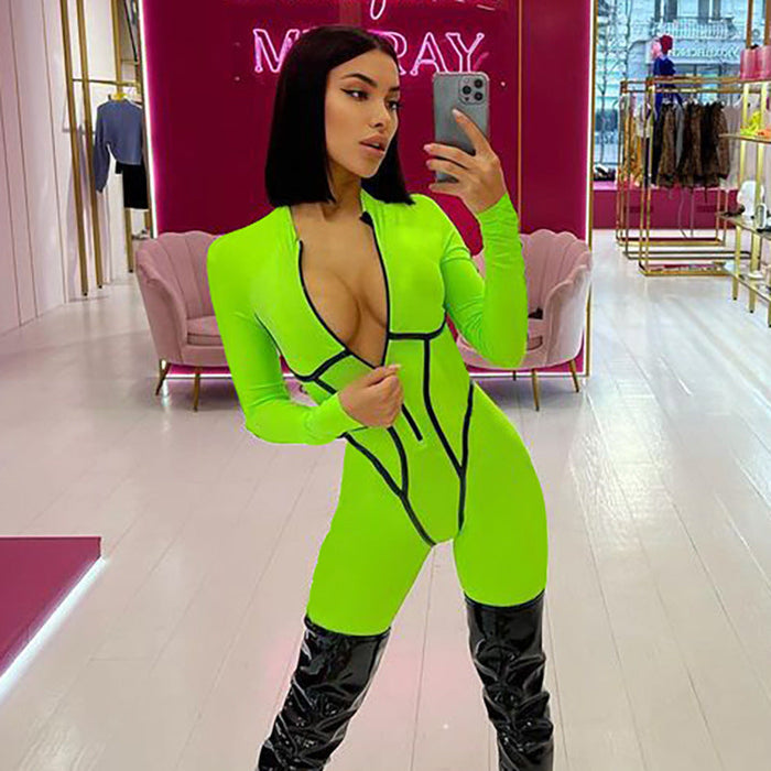 Color-fluorescent green-Leather Strap Split Sports Leggings Sexy Tight Long Sleeve Jumpsuit-Fancey Boutique