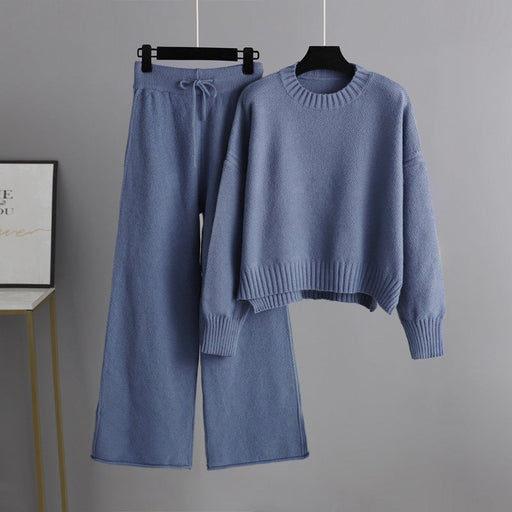 Color-Blue-Autumn Winter Casual Knitting Work Pant Women Korean Loose Sweater Wide Leg Pants Pants Two Piece Set-Fancey Boutique