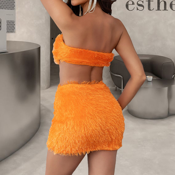 Color-Sexy Solid Color Furry Suit Night Club Sexy Short Tube Top High Waist Hip Wrapped Skirt-Fancey Boutique