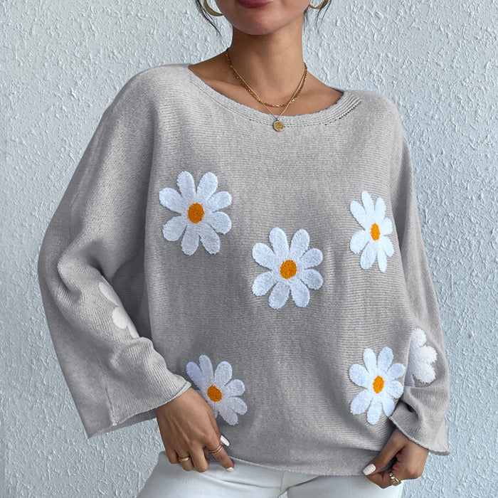 Color-Loose Batwing Sleeve Sweater Autumn Winter Embroidered Floral College Off Shoulder Sweater-Fancey Boutique