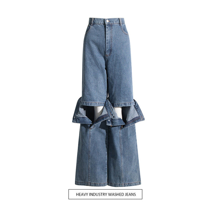 Color-Blue-Autumn Korean Washed Cotton Jeans Deconstruction Stitching Straight Leg Pants Narrow Elastic Wide Leg Pants Trousers-Fancey Boutique