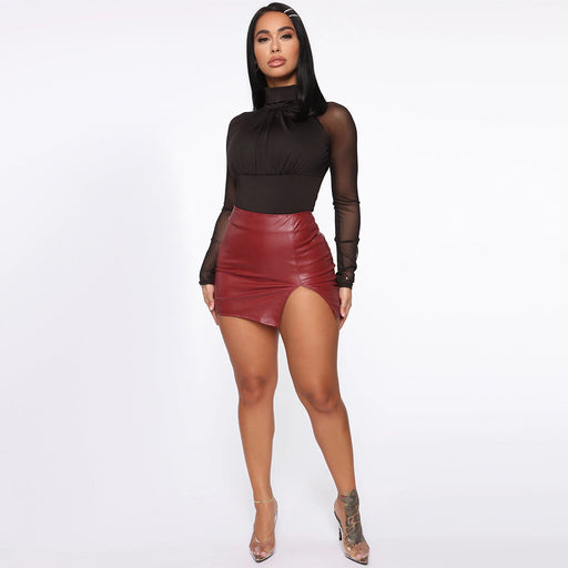 Color-Women Skirt High Waist Hip-Wrapped Skirt Nightclub Faux Leather Zipper Sexy Black Leather Skirt-Fancey Boutique