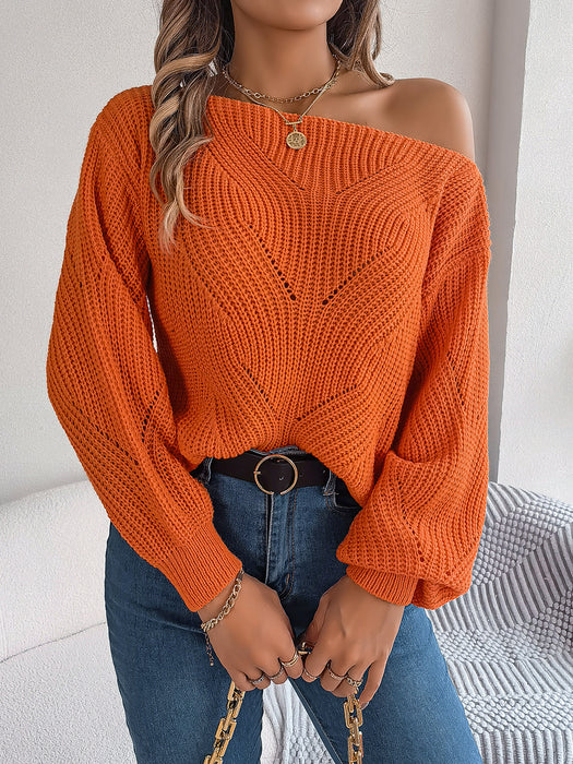 Color-Autumn Winter Casual Hollow Out Cutout out off Neck off the Shoulder Lantern Sleeve Sweater Women Clothing-Fancey Boutique