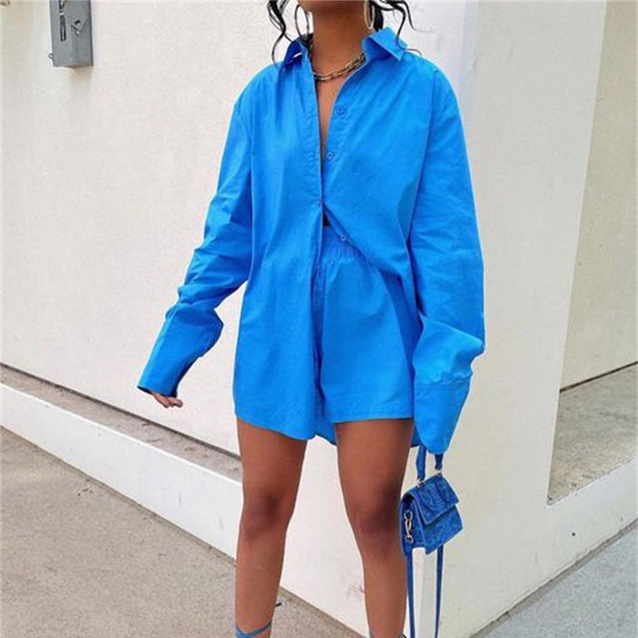 Color-Blue-Spring Summer Two Piece Set Solid Color Single Breasted Long Sleeve Collared Shirt Shorts Loose Casual Set-Fancey Boutique