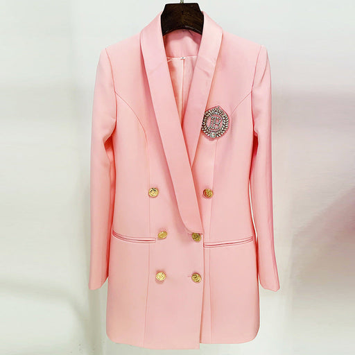 Color-Pink-Star Coat Dress Double Breasted Satin Green Fruit Collar Long Business Blazer Dress-Fancey Boutique