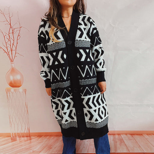 Color-Autumn Winter Women V neck Lengthened Retro Geometric Abstract Long Sleeve Single-Breasted Knitted Sweater Coat-Fancey Boutique