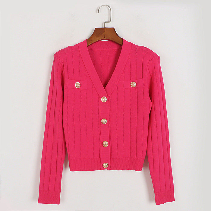 Color-Rose Red-Knitted Cardigan Women Early Autumn Goddess Heavy Industry Metal Buckle Long Sleeve Top-Fancey Boutique