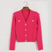 Color-Rose Red-Knitted Cardigan Women Early Autumn Goddess Heavy Industry Metal Buckle Long Sleeve Top-Fancey Boutique