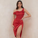 Color-Red-Women Slant Shoulder Pleated Backless Tight Split Stitching Sexy Elegant Dress Boning Corset Boning Corset Corset-Fancey Boutique