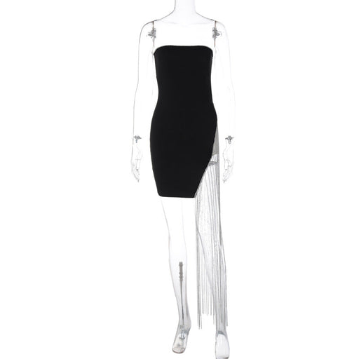 Color-Black-Solid Color Chest Wrap Adult Lady like Woman Stitching Tassel Split Dress-Fancey Boutique