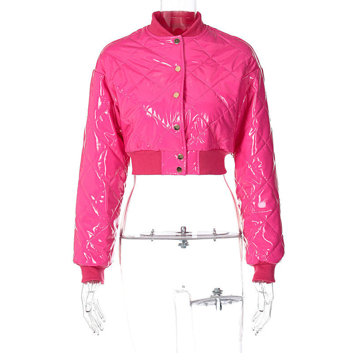 Color-Coral Red-Women Clothing Autumn Winter Street Shooting Slim Fit Lightweight Thin Cotton Coat Jacket Women-Fancey Boutique