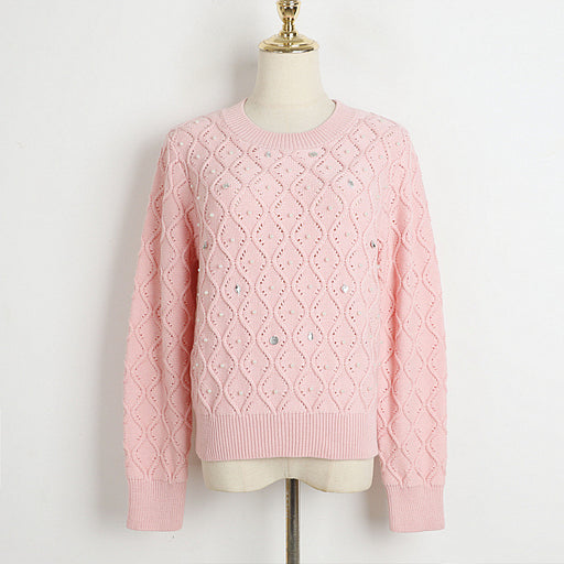 Color-Diamond Beaded Round Neck Sweater Autumn Winter Oversized Loose Coat Women Knitted Cardigan-Fancey Boutique