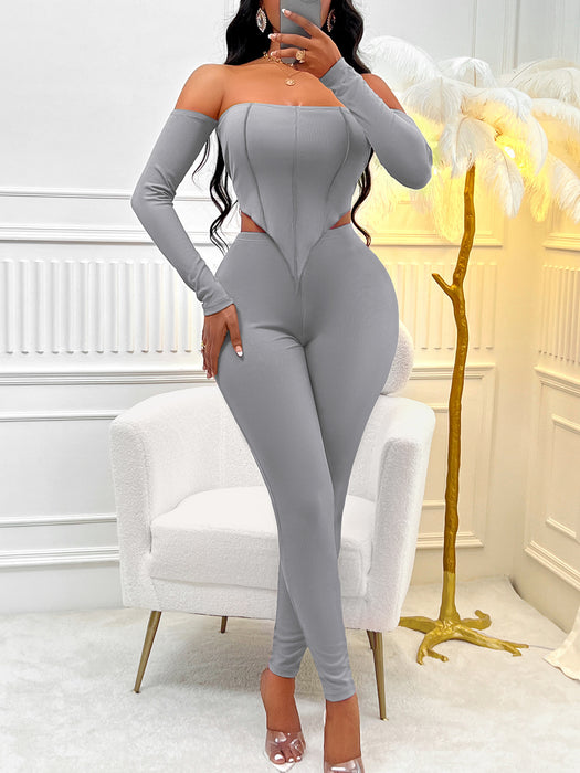 Color-Fall Winter Sexy Women Clothing Solid Color Long Sleeve off Shoulder Slim Fit Suit Women-Fancey Boutique