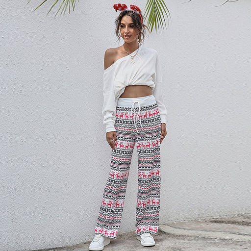 Color-Wht-Women Clothing Lace-up Casual Trousers Loose Lace-up Christmas Printed Pants-Fancey Boutique