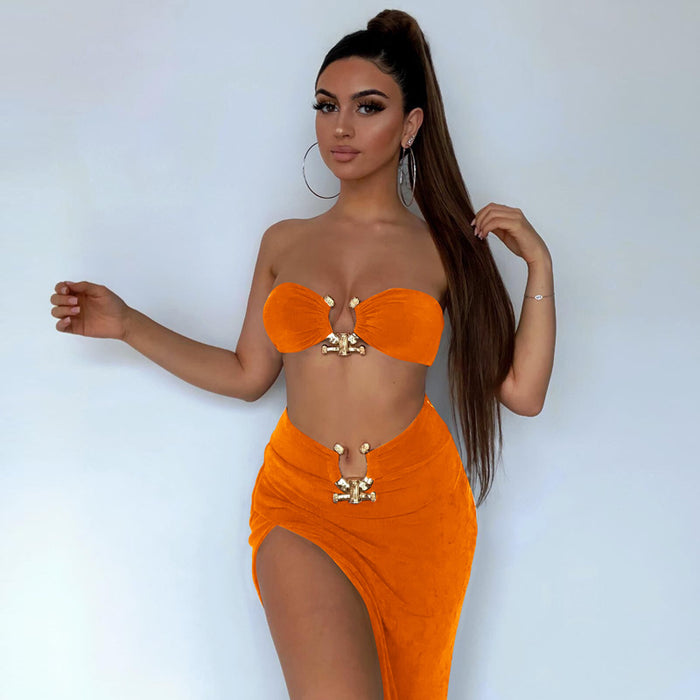 Color-Women Clothing Tube Top Open Cropped Backless Top Sexy High Split Sheath Skirt Two Piece Set-Fancey Boutique