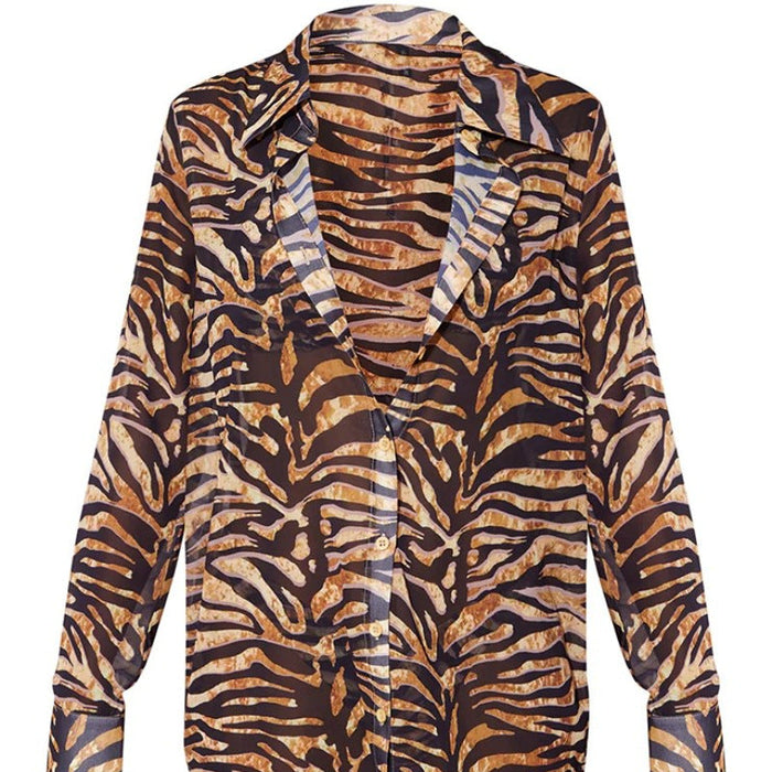 Color-Printed Autumn Loose Printed Tiger Pattern Long Sleeve Shirt Drape Vacation Top Shirt for Women-Fancey Boutique