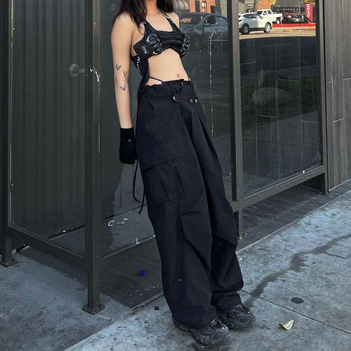 Color-Women Overalls Women Sexy Street Shooting Oblique Belt Buckle Design High Waist Loose Ankle Tied Casual Trousers-Fancey Boutique