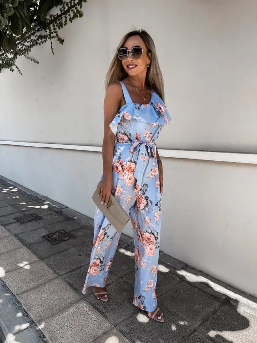 Color-Summer Loose Lace-up Printed Jumpsuit-Fancey Boutique