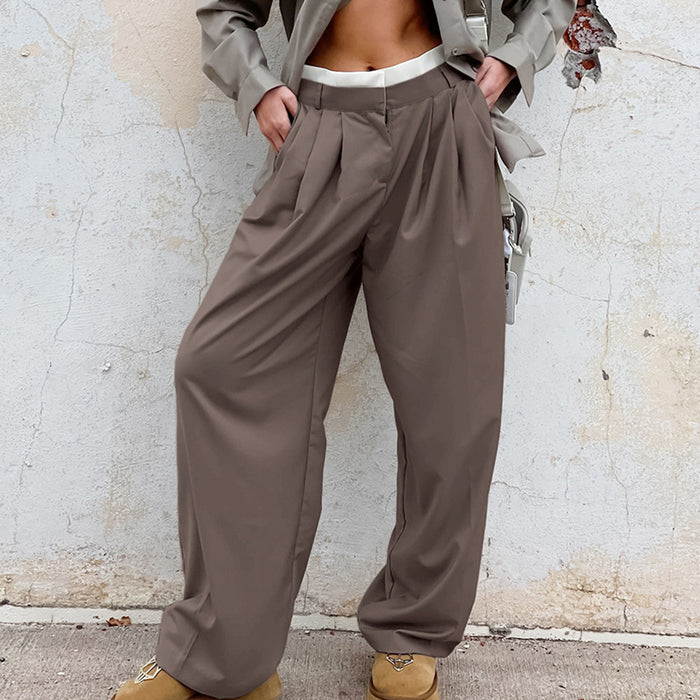 Color-Fall Brown High Waist Trousers Design Contrast Color Loose Harem WorkPants Minority All Match Women Clothing-Fancey Boutique