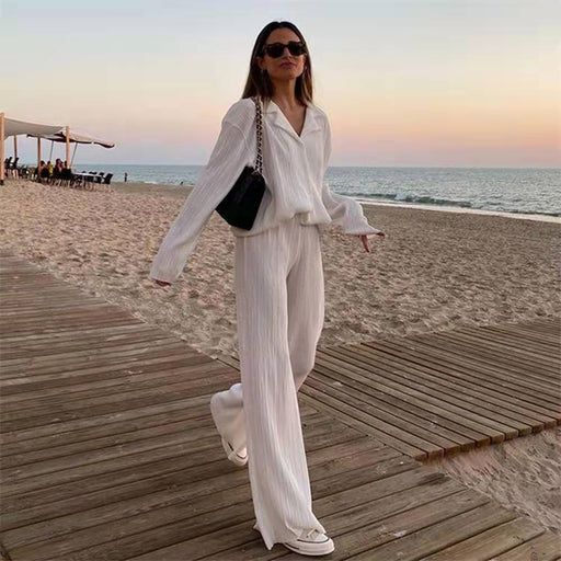 Color-White-Spring Summer Solid Color Texture Loose Slimming Pleated Casual Suit textured-Fancey Boutique
