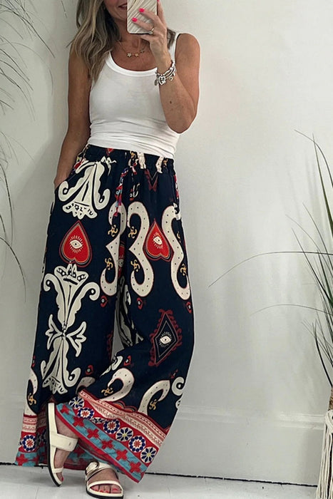 Color-Summer Autumn Printed Pocket Casual Loose Wide Leg Pants Thin Women Trousers-Fancey Boutique