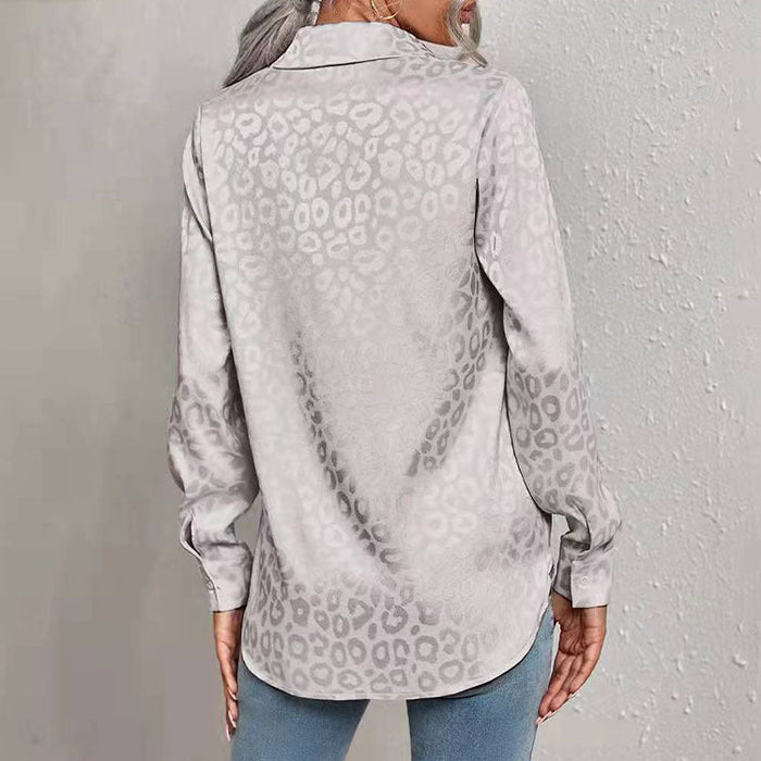 Color-Gray-Women Clothing Spring Autumn Long Sleeve Collared Elegant Satin Jacquard Leopard Print Shirt-Fancey Boutique