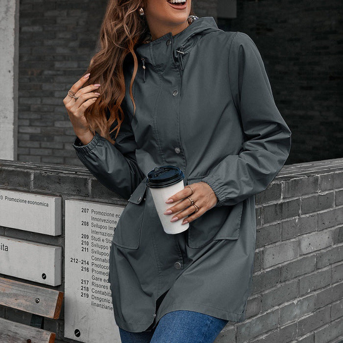 Color-Gray-Zipper Raincoat Outdoor Sport Climbing Waterproof Clothing Mid-Length Waterproof Wind Coat Coat Top Women-Fancey Boutique