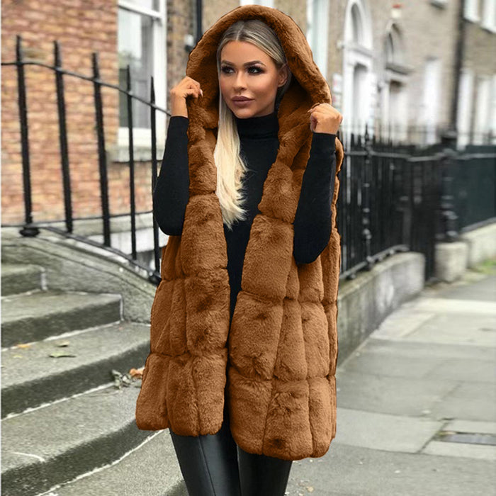 Color-Faux Fur Hooded Vest Popular Autumn Winter Hooded Faux Fur Vest Women Imitation-Fancey Boutique