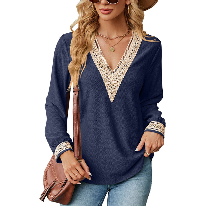 Color-Navy Blue-Autumn Winter Lace V-neck Patchwork Loose Long-Sleeved T-shirt Top Women Clothing-Fancey Boutique