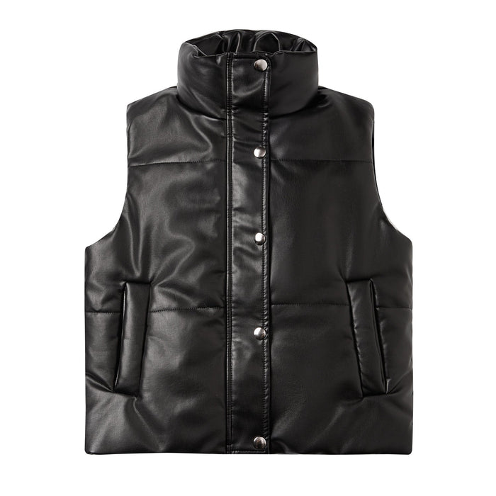 Color-Black-Autumn Winter Women Leather Waistcoat Sleeveless Quilted Zipped Cotton Padded Jacket Stand Collar-Fancey Boutique