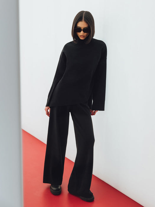 Color-Black-Half Turtleneck Irregular Asymmetric Sweater Suit Elegant Beveled Sweater Knitted Wide Leg Pants-Fancey Boutique