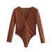 Color-Brown-Autumn Casual Women Clothing Pullover V Tie Padded Shoulder Bodysuit-Fancey Boutique