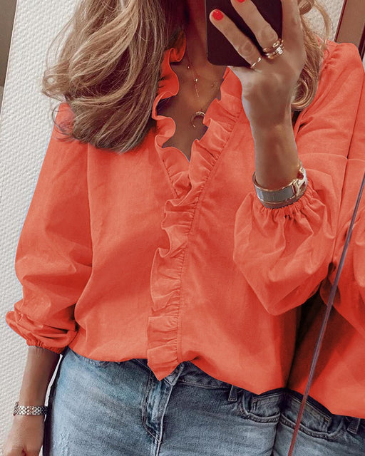 Color-Orange-Spring Summer Long Sleeve Ruffle Blouse Women Shirt-Fancey Boutique