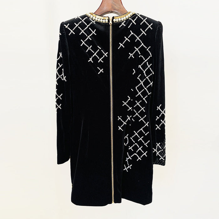 Color-Autumn Winter Heavy Industry Embroidery Sequined Diamonds Bead Long Sleeve Gold Velvet Sheath Dress-Fancey Boutique