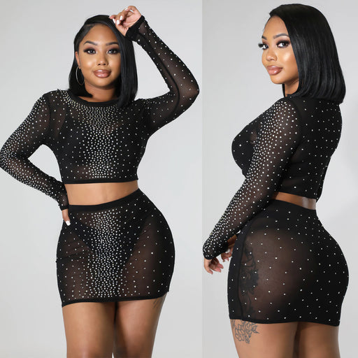 Color-Summer Women Clothing Sexy Mesh Drilling See through Long Sleeve Short Dress Two Piece Set-Fancey Boutique