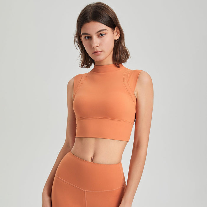 Color-Sweet Tea Orange-Lycra High Elastic Shockproof Running Exercise Underwear Turtleneck Fixed Cup Yoga Clothes Bra Vest Quick Drying Workout Top-Fancey Boutique