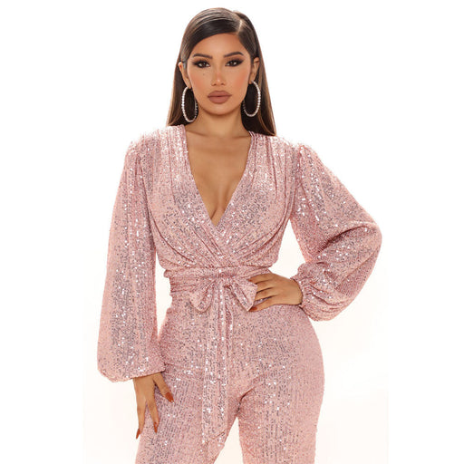 Color-Women Clothing Sexy V-neck Sequined One-Piece Wide Leg One-Piece Trousers-Fancey Boutique