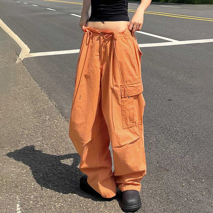 Color-Orange-Summer Orange Large Pocket Loose Cargo Straight-Leg Pants High Waist Slimming Drawstring Casual Woven Trouser-Fancey Boutique