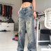 Color-Street Graffiti Washed Blue High Waist Jeans Hip Hop Sexy Loose Mopping Straight Leg Overalls-Fancey Boutique