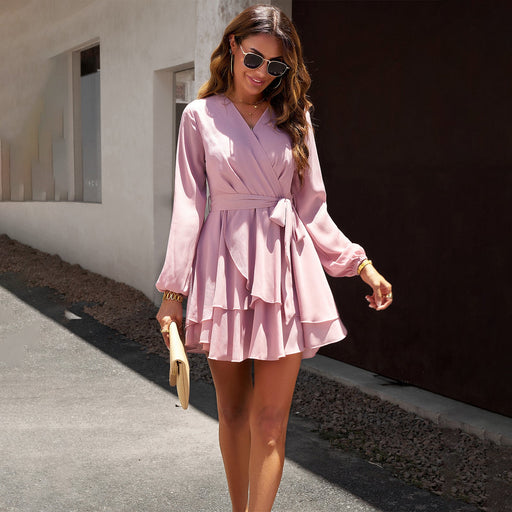 Color-Pink-Women Clothing Autumn Solid Color Elegant Sexy Long Sleeved Dress-Fancey Boutique