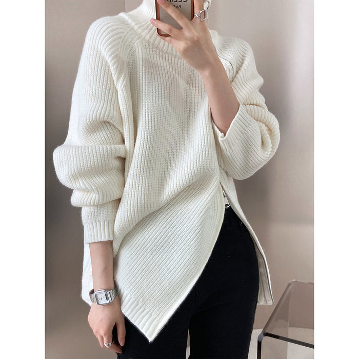 Color-Design Double Headed Oblique Zipper Turtleneck Sweaters Women Clothing Autumn Winter Lazy Casual Sweater-Fancey Boutique