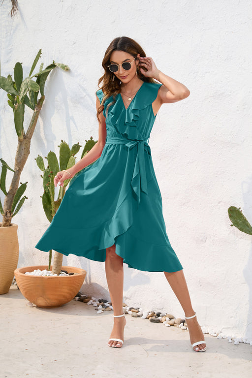 Color-Women Clothing Waist Tight Sexy V neck Dress Casual Vacation Travel Solid Color Dress Sleeveless Split-Fancey Boutique