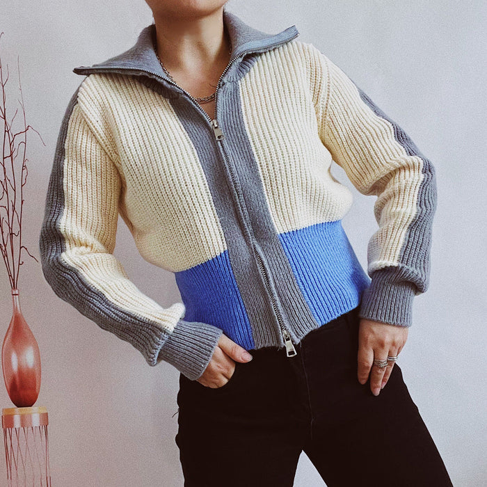 Color-Blue-Office Slim-Fit Double Zipper Color Contrast Patchwork Turtleneck Long Sleeve Sweater Cardigan Women-Fancey Boutique