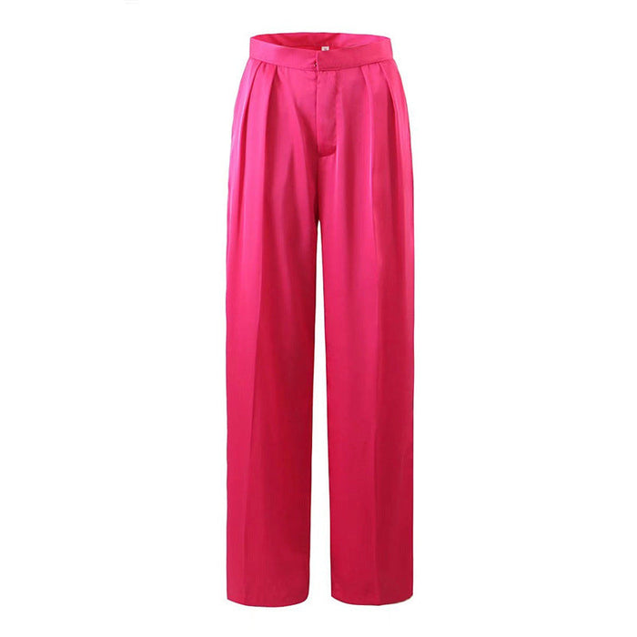 Color-Coral Red-Autumn Elegant High Waist Slimming Four-Section Texture Work Pant Women-Fancey Boutique