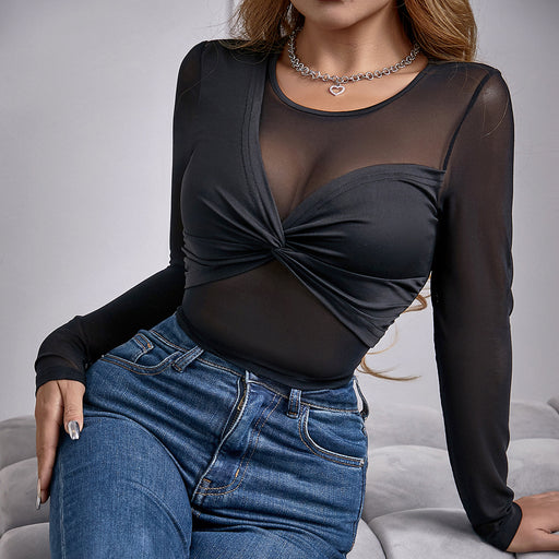 Color-Sexy Mesh See through Twisted Slim Fit Slimming Long Sleeves Cropped T shirt Women-Fancey Boutique