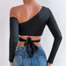 Color-Sexy Hollow Out Cutout Sexy Exposed Cropped Solid Color Cross Knotted Short Slim Long Sleeve Top Women-Fancey Boutique