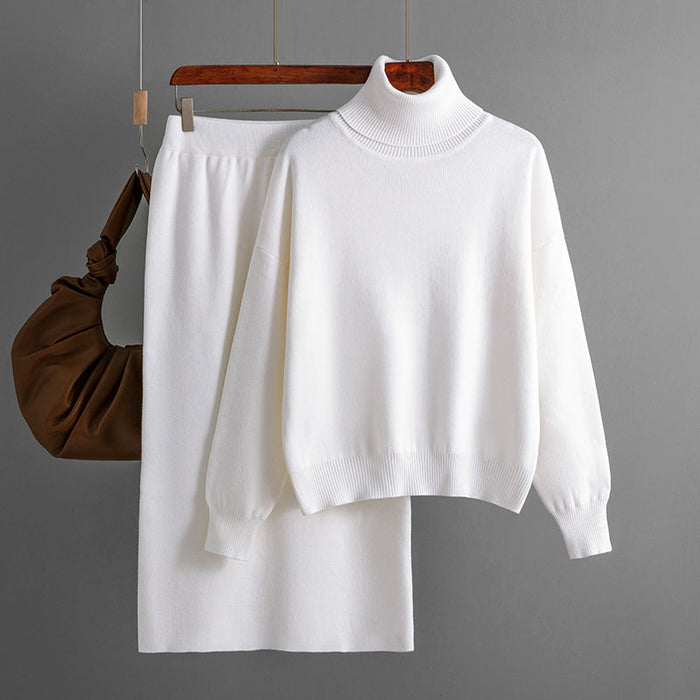 Color-White-Solid Color Turtleneck Sweater Sheath Skirt Two Piece Set Autumn Winter Knitting Suit Women-Fancey Boutique