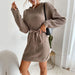 Color-Autumn Winter Sweater Women Lace up Solid Color Long Sleeve Sweater Dress-Fancey Boutique