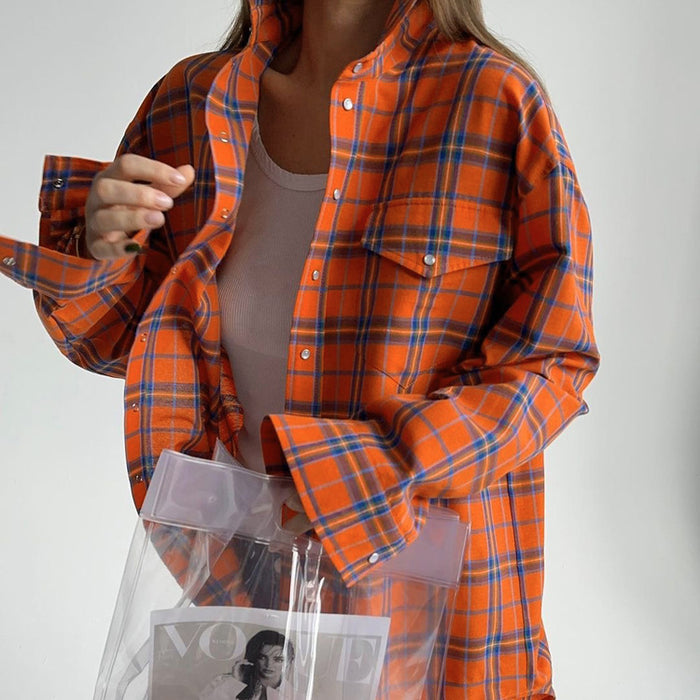 Color-Fall Women Clothing College Orange Plaid Shirt Women Loose Pockets Collared Long Sleeve Shirt-Fancey Boutique