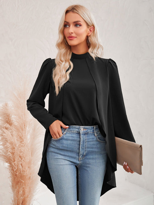 Color-Black-Fall Winter Women Clothing Casual Solid Color Half Collar Long Sleeve False Two Piece Shirt Women-Fancey Boutique